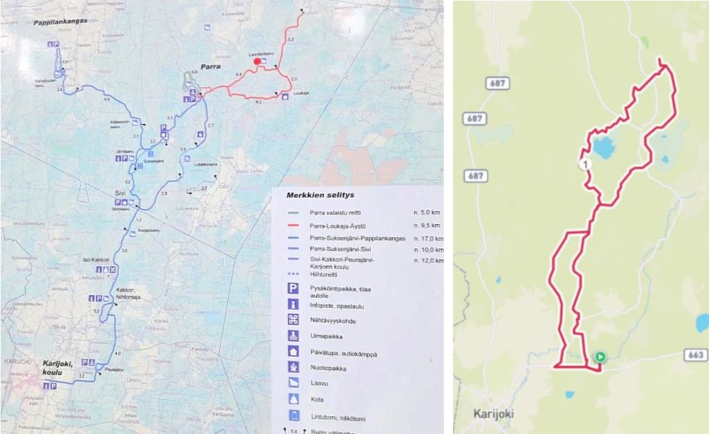 Reittikartta Kakkori-Parra ja Polarin piirtämä reitti