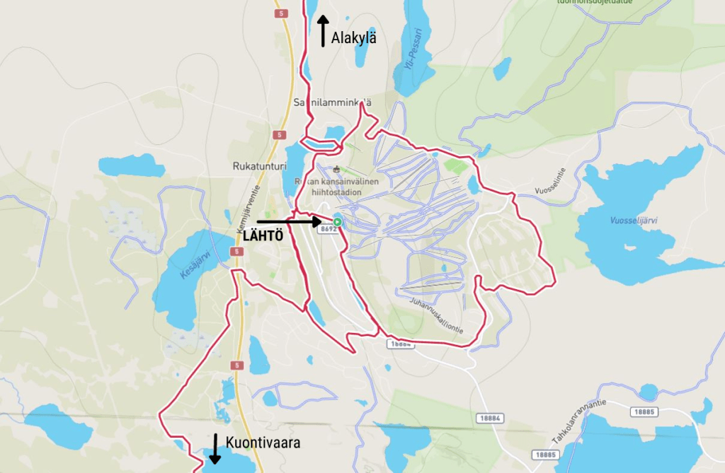 Rukan ympäryslatu ja pitkän hiihtopäivän reittiä